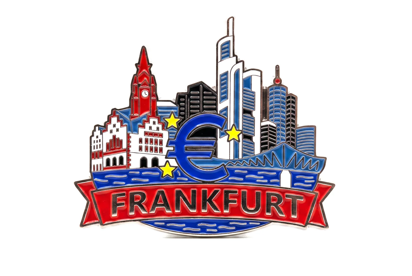 Farbig gestalteter Frankfurt-Souvenirmagnet mit Skyline und Eurozeichen